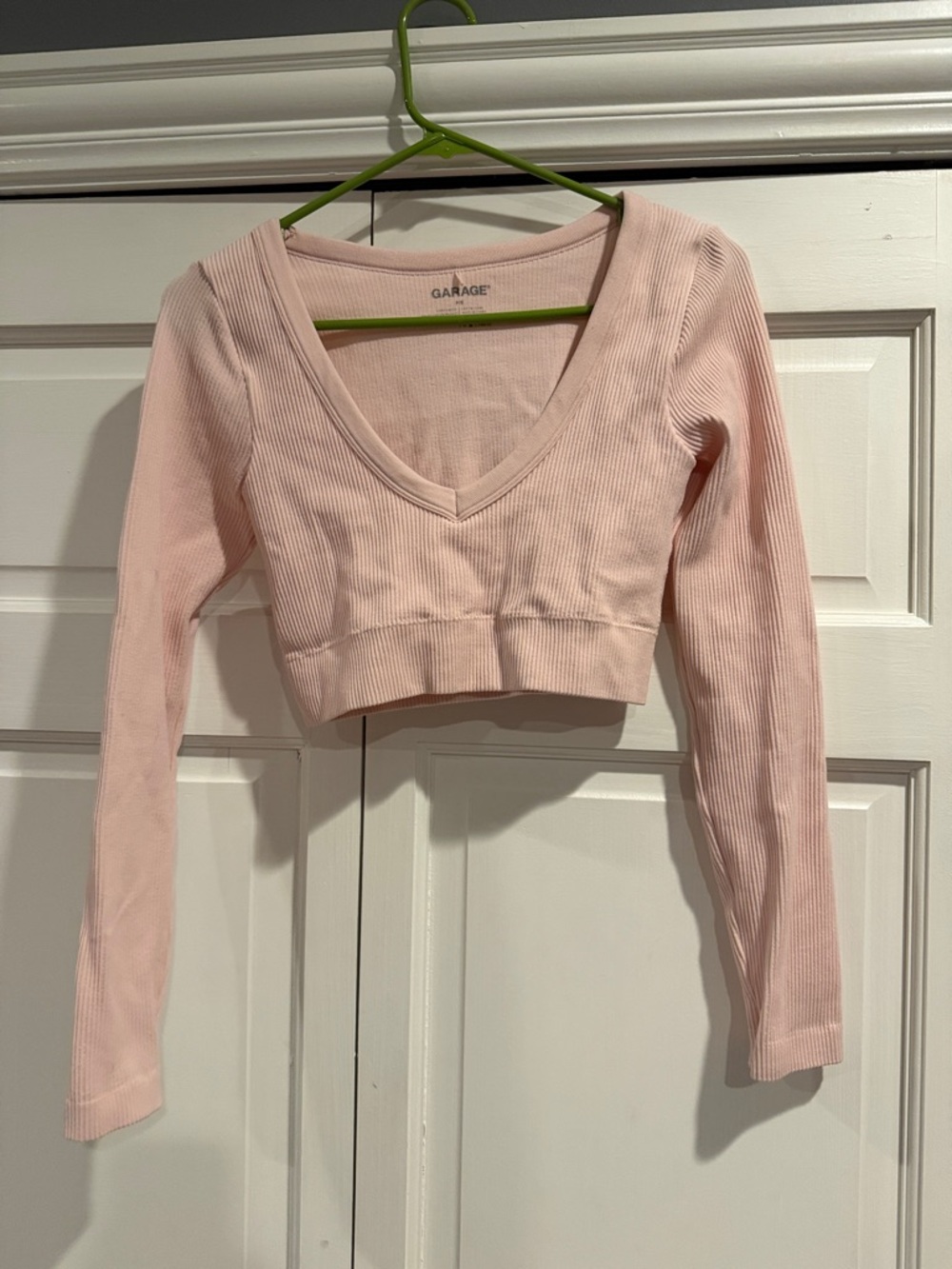 Garage Light Pink Ribbed V-Neck Cropped Long Sleeve Top